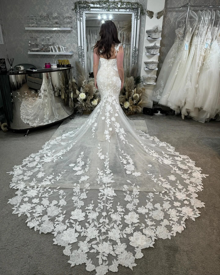 Elegant Mermaid Off-the-shoulder Sleeveless Appliques Tulle Lace Train Wedding Dress by misshow.com