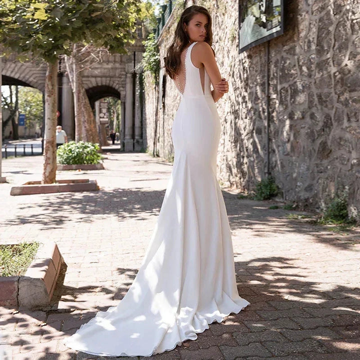 Elegant Mermaid Wedding Dress Women V-Neck Sleeveless Sweep Train Satin Spaghetti Strap Bridal Gown Button Back Vestido De Novia by payinti
