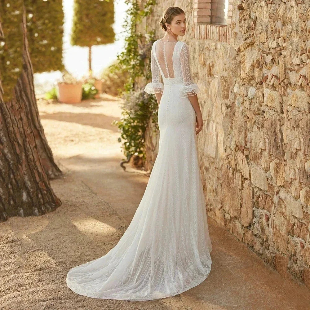Elegant Mermaid Wedding Dresses Lace Bohemia Sexy Deep V-Neck Half Sleeve Bridal Gowns Pearl Button Formal Beach Party Robe Tull by payinti