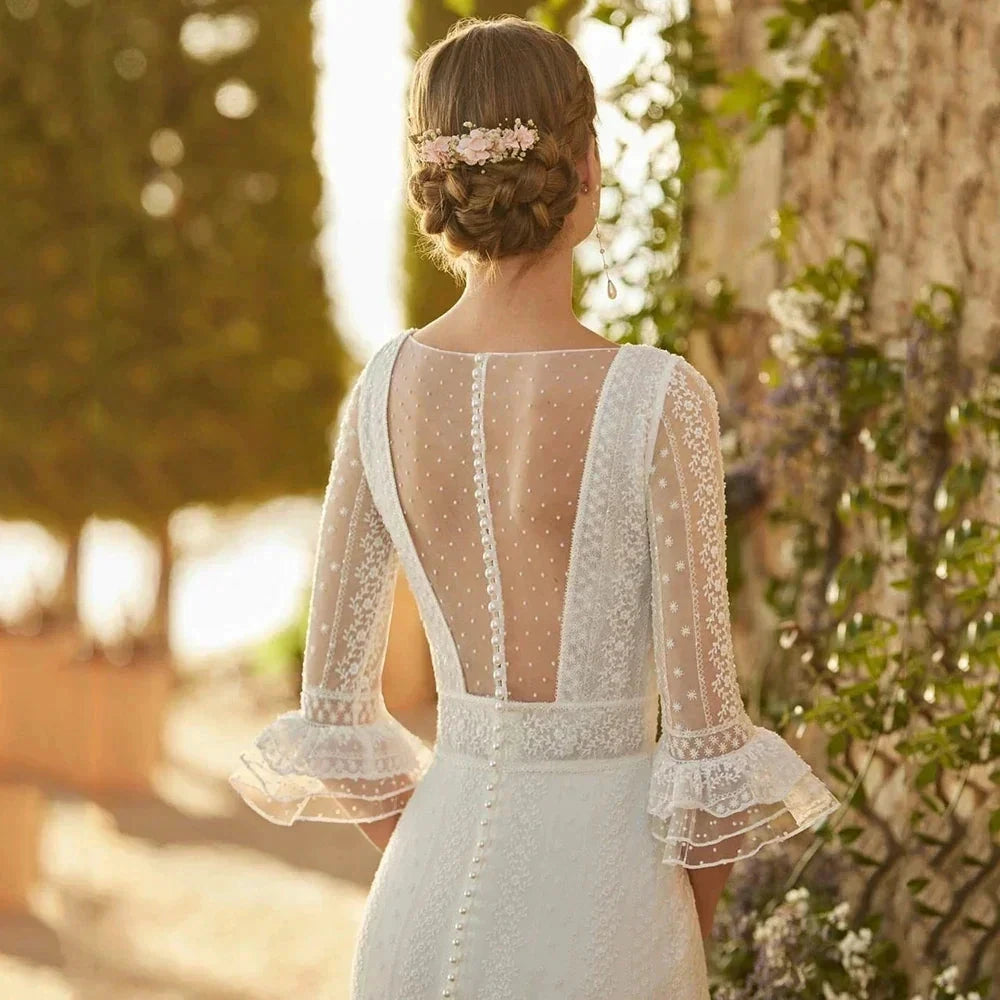 Elegant Mermaid Wedding Dresses Lace Bohemia Sexy Deep V-Neck Half Sleeve Bridal Gowns Pearl Button Formal Beach Party Robe Tull by payinti