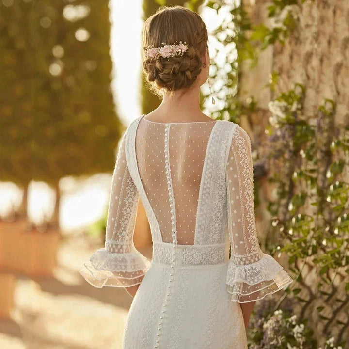 Elegant Mermaid Wedding Dresses Lace Bohemia Sexy Deep V-Neck Half Sleeve Bridal Gowns Pearl Button Formal Beach Party Robe Tull by payinti