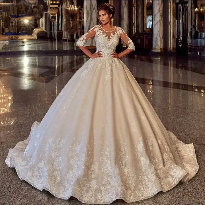 Elegant O-Neck Pearls Lace Appliques Ball Gown Wedding Dress 2023 Half Sleeves Bridal Gown Tulle Lace Up Robe De Mariée by payinti