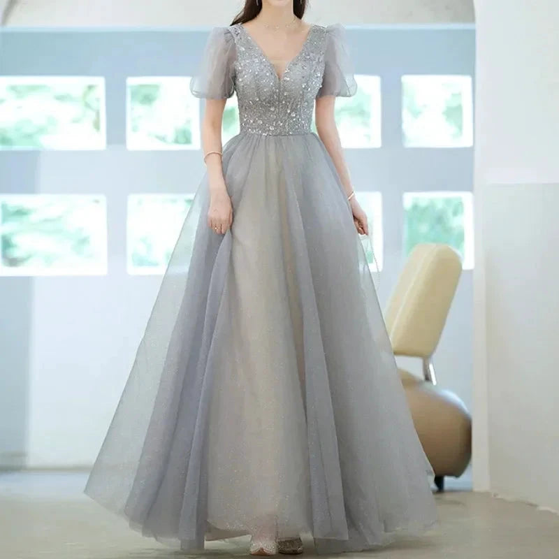 Elegant Princess Formal Evening Prom Dress Gorgeous V Neck Puff Sleeve Bandage Long Dresses Floral Glitter Robes De Soirée 2025 by Sunnderly