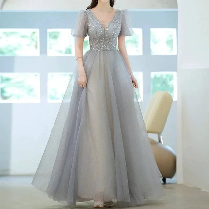 Elegant Princess Formal Evening Prom Dress Gorgeous V Neck Puff Sleeve Bandage Long Dresses Floral Glitter Robes De Soirée 2025 by Sunnderly