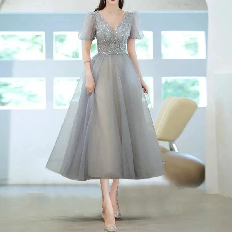 Elegant Princess Formal Evening Prom Dress Gorgeous V Neck Puff Sleeve Bandage Long Dresses Floral Glitter Robes De Soirée 2025 by Sunnderly