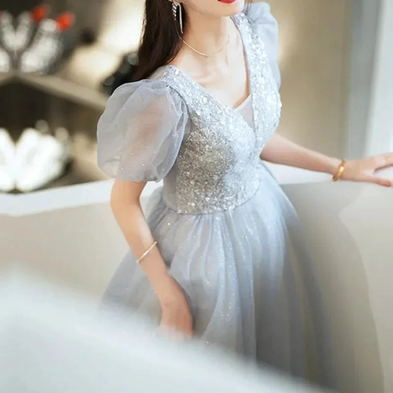 Elegant Princess Formal Evening Prom Dress Gorgeous V Neck Puff Sleeve Bandage Long Dresses Floral Glitter Robes De Soirée 2025 by Sunnderly