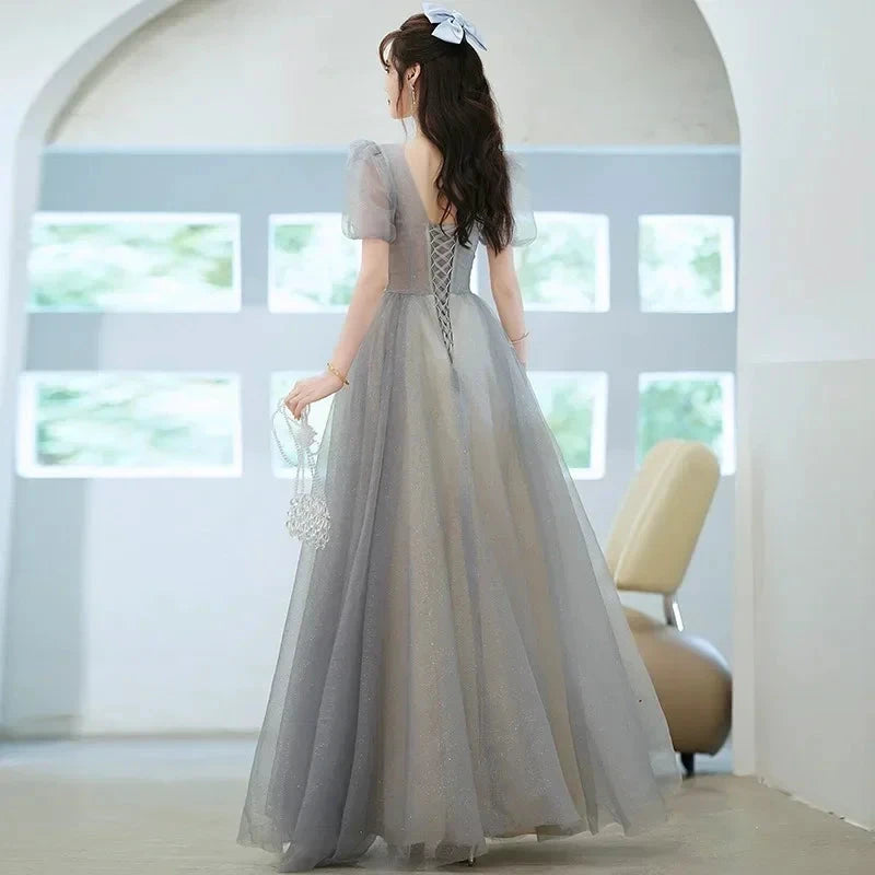 Elegant Princess Formal Evening Prom Dress Gorgeous V Neck Puff Sleeve Bandage Long Dresses Floral Glitter Robes De Soirée 2025 by Sunnderly