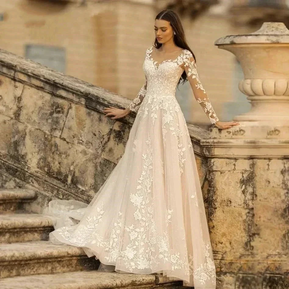 Elegant Round Neck Wedding Dresses 2023 Lace Long Sleeve Decal A-line Fashion Women&