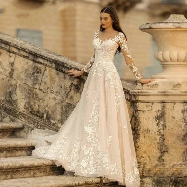 Elegant Round Neck Wedding Dresses 2023 Lace Long Sleeve Decal A-line Fashion Women&