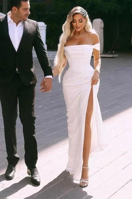 Elegant Split Front Off-The-Shoulder Stain Short Sleeves Floor-Length Wedding Dresses with Ruffles by misshow.com