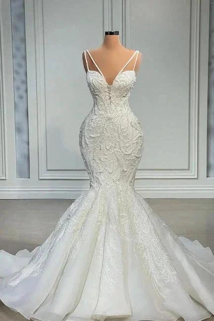 Elegant Strapless Sleeveless Mermaid Satin Floor-Length Wedding Dresses with Lace by misshow.com