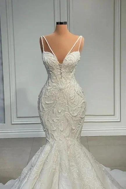 Elegant Strapless Sleeveless Mermaid Satin Floor-Length Wedding Dresses with Lace by misshow.com