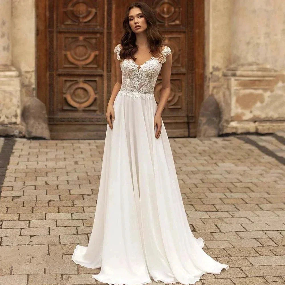 Elegant V-Neck Short Sleeve Ball Gown Mopping Wedding Dresses New Luxury Lace Appliques Court Train Princess Bridal Gown by payinti