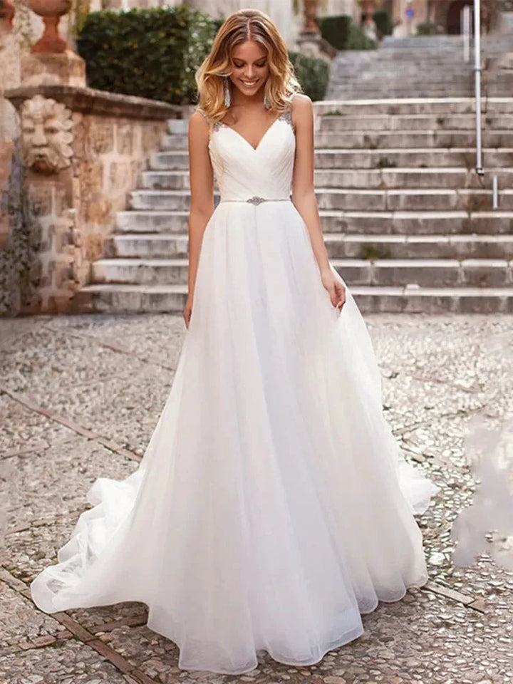 Elegant V Neck Spaghetti Strap Wedding Dresses 2022 New Arrival Beading Sleeveless Backless Bridal Gowns Sweep Train For Women by payinti