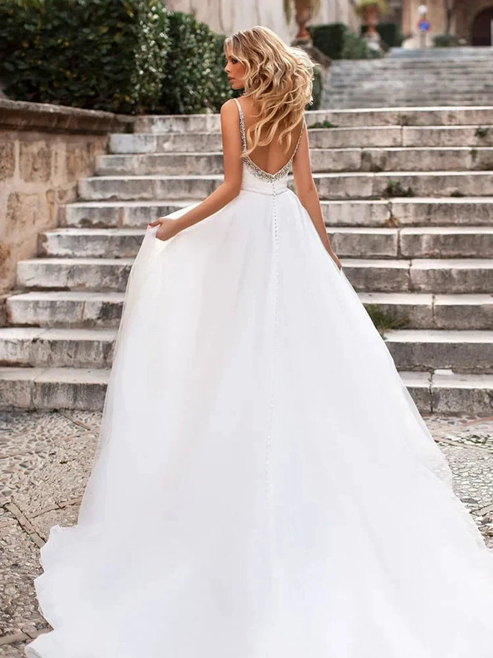 Elegant V Neck Spaghetti Strap Wedding Dresses 2022 New Arrival Beading Sleeveless Backless Bridal Gowns Sweep Train For Women by payinti