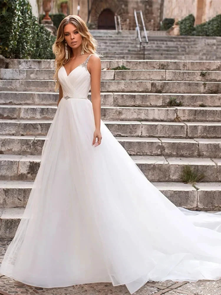 Elegant V Neck Spaghetti Strap Wedding Dresses 2022 New Arrival Beading Sleeveless Backless Bridal Gowns Sweep Train For Women by payinti