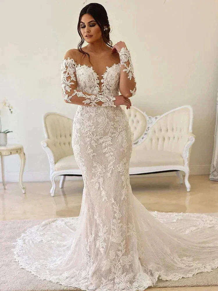 Elegant Wedding Dresses For Women Sweetheart Long Sleeves Bridal Gowns Lace Appliques Backless Robes Vestidos De Novia 2023 by payinti