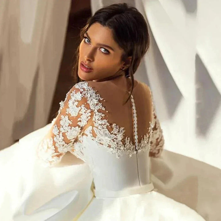 Elegant Wedding Dresses Long Sleeves For Women Princess A Line Bridal Gowns Custom Made Lace Appliques Satin Robe De Mariee by payinti