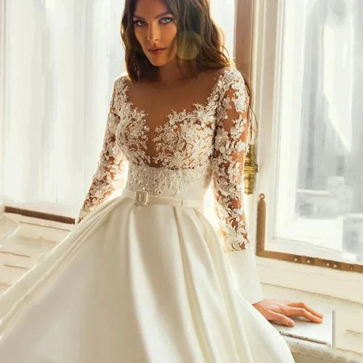 Elegant Wedding Dresses Long Sleeves For Women Princess A Line Bridal Gowns Custom Made Lace Appliques Satin Robe De Mariee by payinti