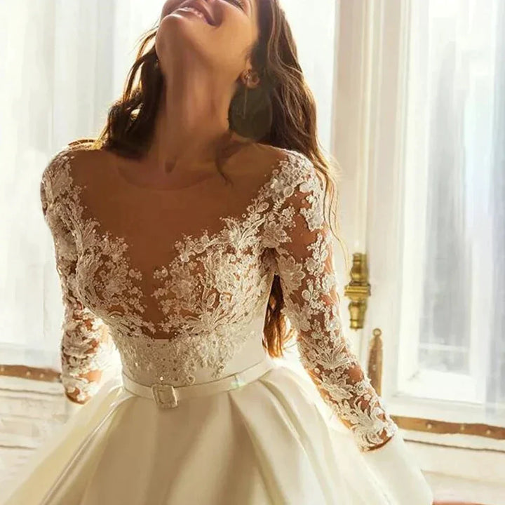 Elegant Wedding Dresses Long Sleeves For Women Princess A Line Bridal Gowns Custom Made Lace Appliques Satin Robe De Mariee by payinti