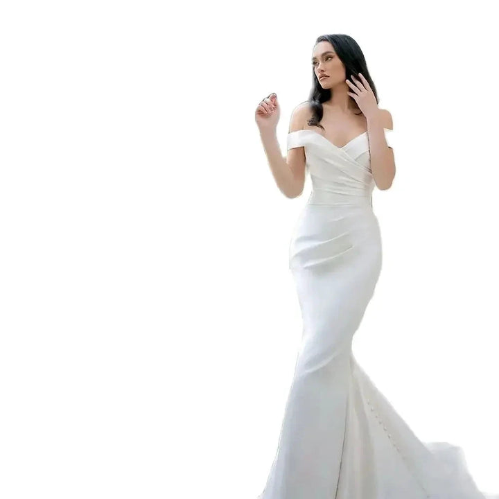 Elegant White Satin Gown with Off the Shoulder Pleated Mermaid Sweep Train Floor-Length Evening Gown for Women vestidos de novia by payinti