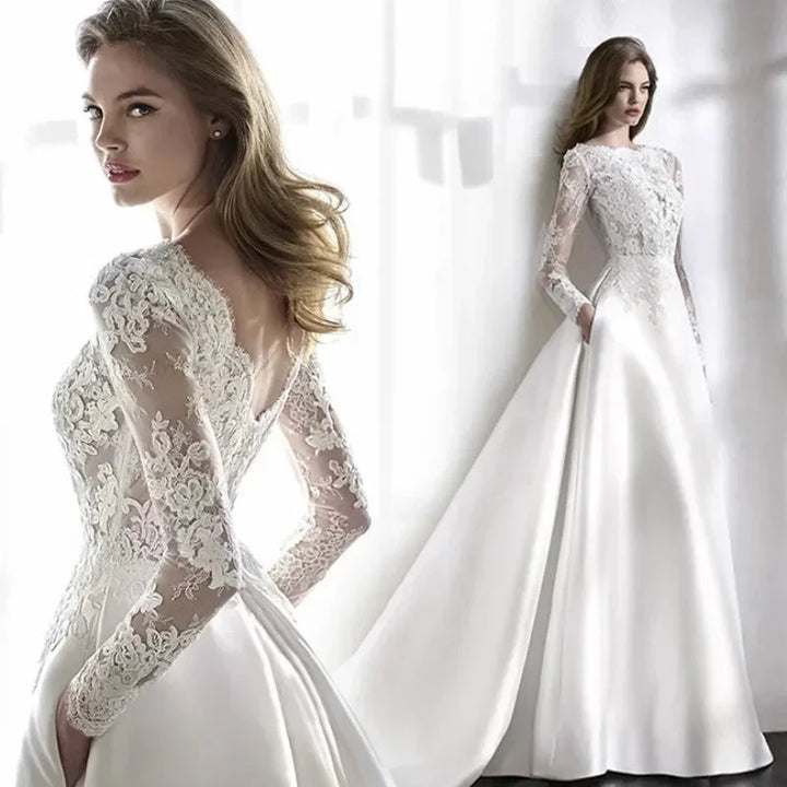 Elegant White Wedding Dress Italian Vintage Backless Applique Lace Long Sleeve Pocket Floor-Length Bridal Gown Vestidos De Novia by payinti