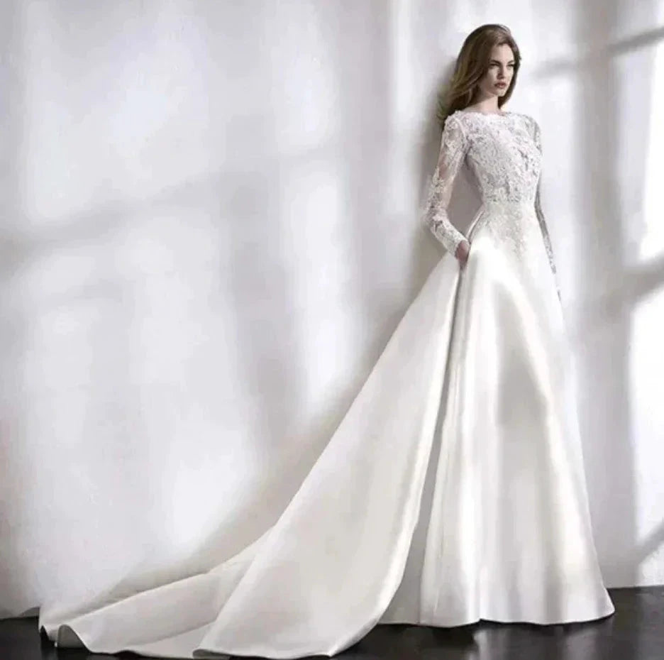 Elegant White Wedding Dress Italian Vintage Backless Applique Lace Long Sleeve Pocket Floor-Length Bridal Gown Vestidos De Novia by payinti