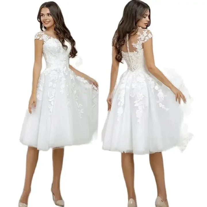 Elegant white tulle applique round neck short sleeve formal dress A-line knee-length bridal wedding dress فساتين للحفلات الراقصة by payinti