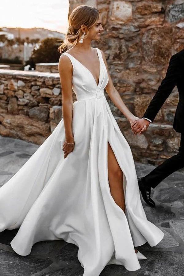 Elegant A-line Satin V-neckline Sweep Train Wedding Dresses WD564 by pgmdress
