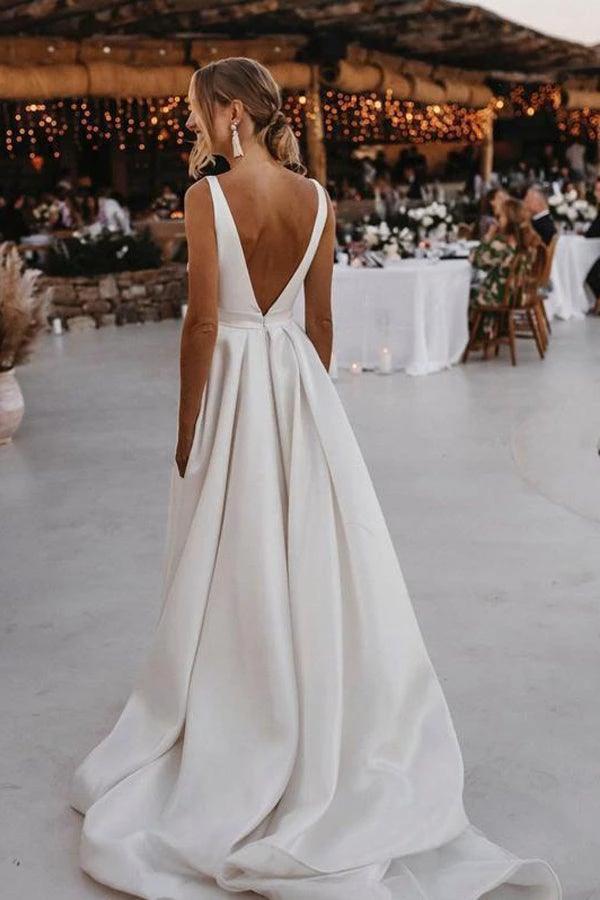 Elegant A-line Satin V-neckline Sweep Train Wedding Dresses WD564 by pgmdress
