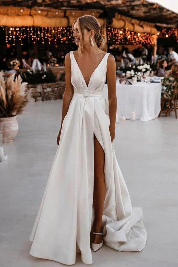 Elegant A-line Satin V-neckline Sweep Train Wedding Dresses WD564 by pgmdress