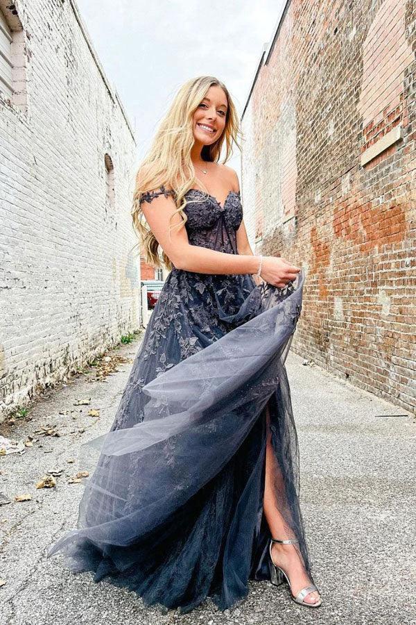 Elegant A Line Sweetheart Neck Tulle Lace Off Shoulder Long Prom Dress PSK423 by pgmdress
