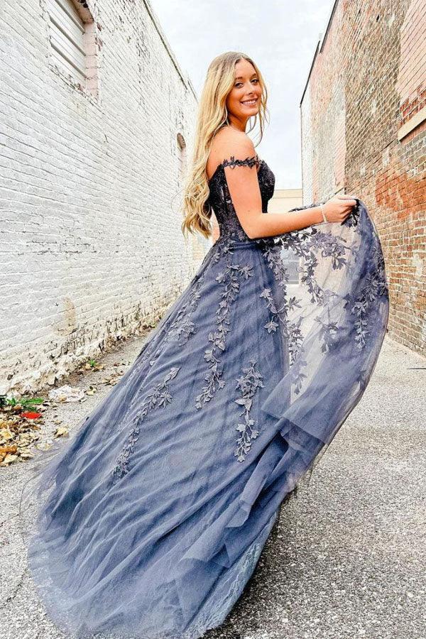 Elegant A Line Sweetheart Neck Tulle Lace Off Shoulder Long Prom Dress PSK423 by pgmdress