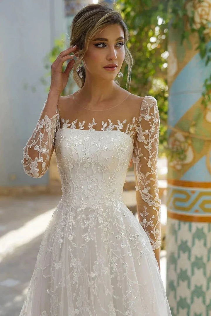Elegant Long Sleeves Scoop Neck Lace Appliques Beach Wedding Dress WD681 by pgmdress