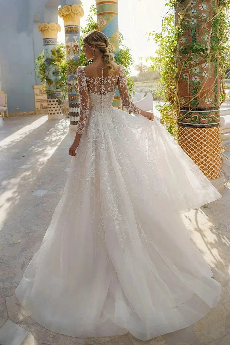 Elegant Long Sleeves Scoop Neck Lace Appliques Beach Wedding Dress WD681 by pgmdress
