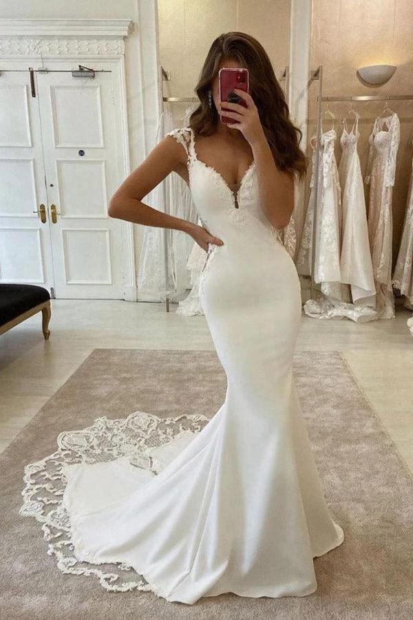 Elegant Mermaid Cap Sleeve V Neck Satin Wedding Dress With Lace Appliques WD587 by pgmdress
