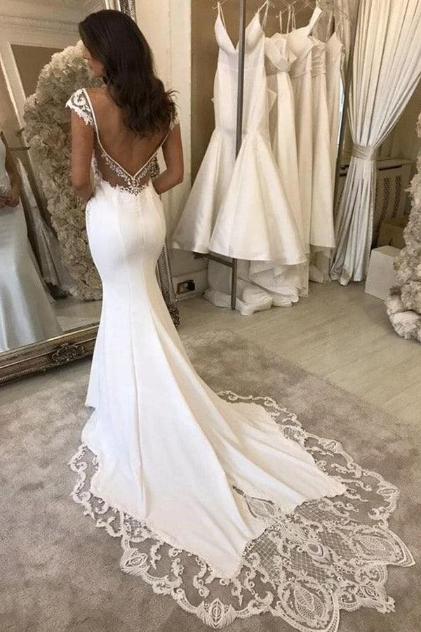 Elegant Mermaid Cap Sleeve V Neck Satin Wedding Dress With Lace Appliques WD587 by pgmdress