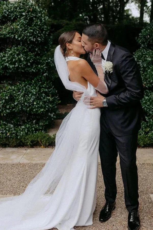 Elegant Mermaid Halter Modest Wedding Dress Simple Bridal Gown WD738 by pgmdress