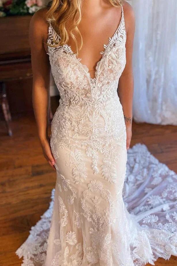 Elegant Mermaid V Neck Lace Bohemian Wedding Dresses with Court Train WD682 by pgmdress