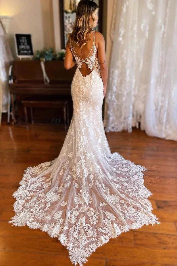 Elegant Mermaid V Neck Lace Bohemian Wedding Dresses with Court Train WD682 by pgmdress