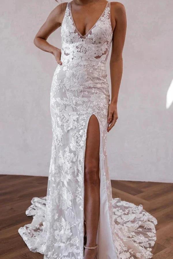 Elegant Mermaid V Neck Lace Boho Wedding Dresses with Slit WD679 by pgmdress