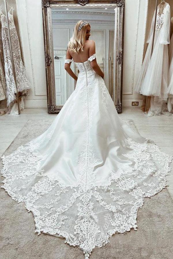 Elegant Satin Off-the-shoulder A-line Wedding Dresses With Appliques WD573 by pgmdress