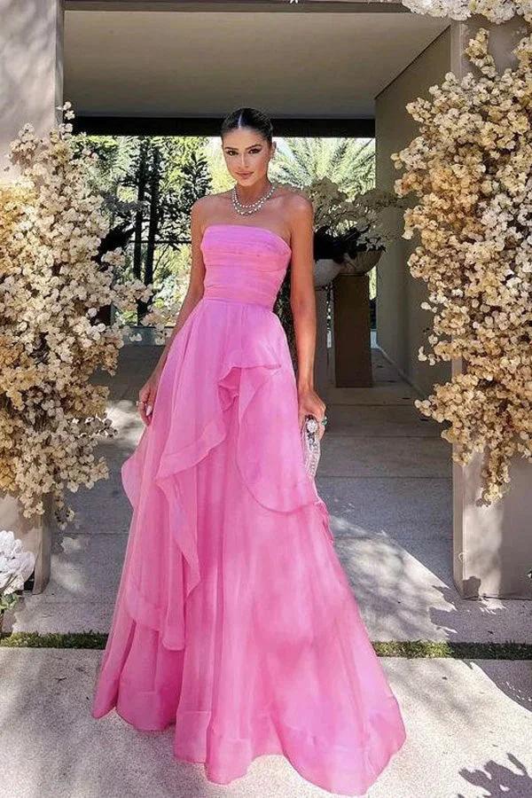 Elegant Strapless Layered Pink Prom Dresses Long Formal Gowns PSK538 by pgmdress