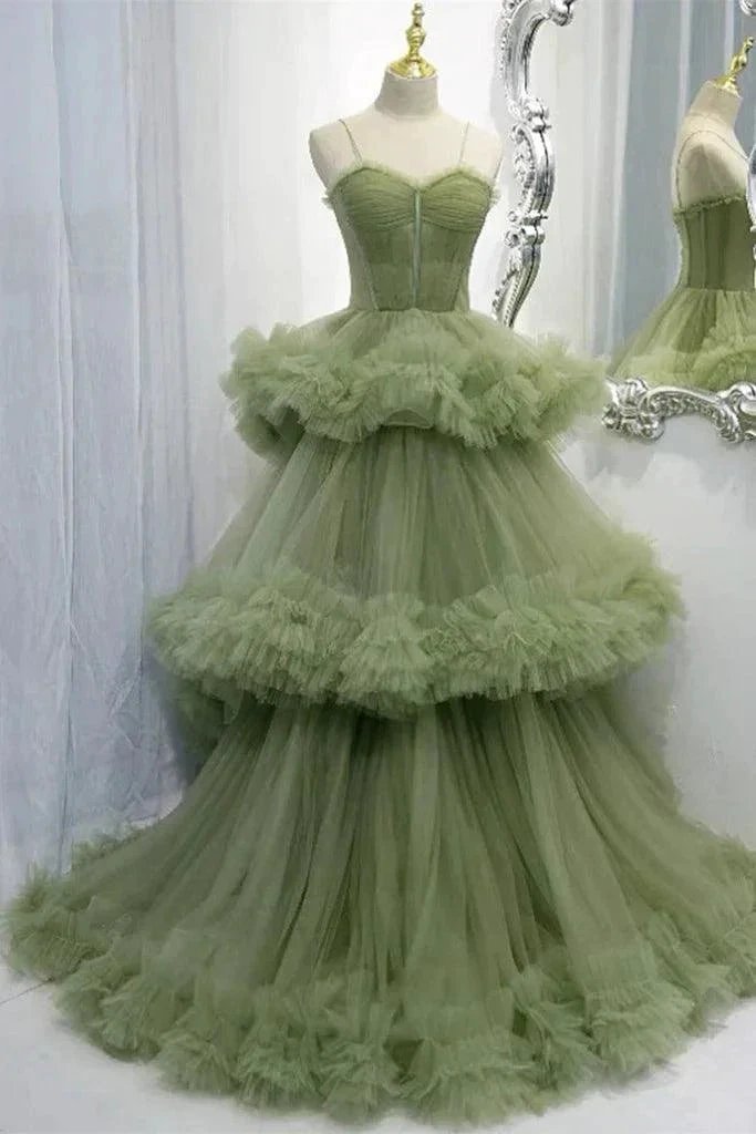 Elegant Straps Pleated Green Tiered Tulle Prom Formal Dress PSK417 by pgmdress