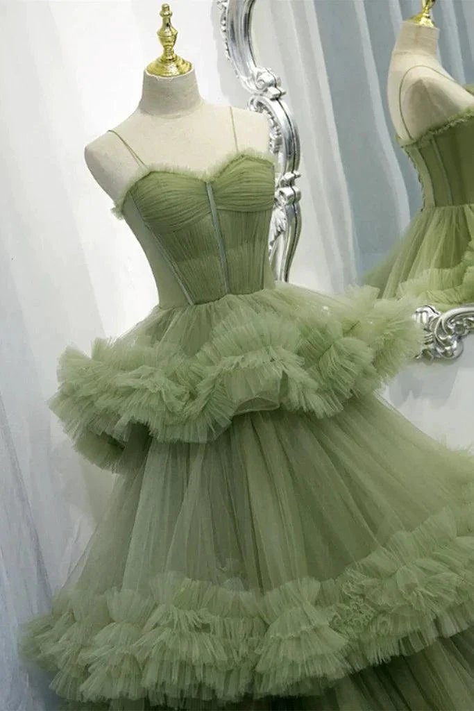 Elegant Straps Pleated Green Tiered Tulle Prom Formal Dress PSK417 by pgmdress