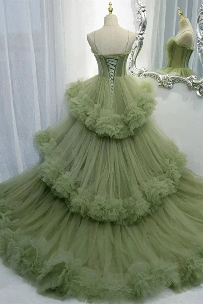 Elegant Straps Pleated Green Tiered Tulle Prom Formal Dress PSK417 by pgmdress
