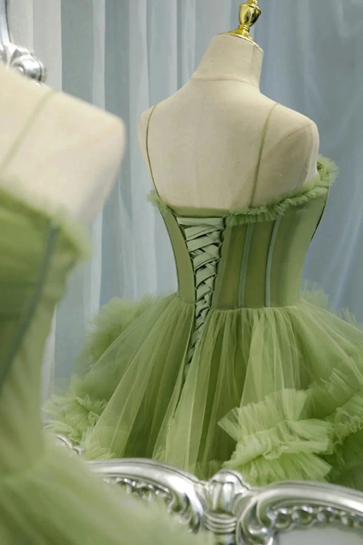 Elegant Straps Pleated Green Tiered Tulle Prom Formal Dress PSK417 by pgmdress