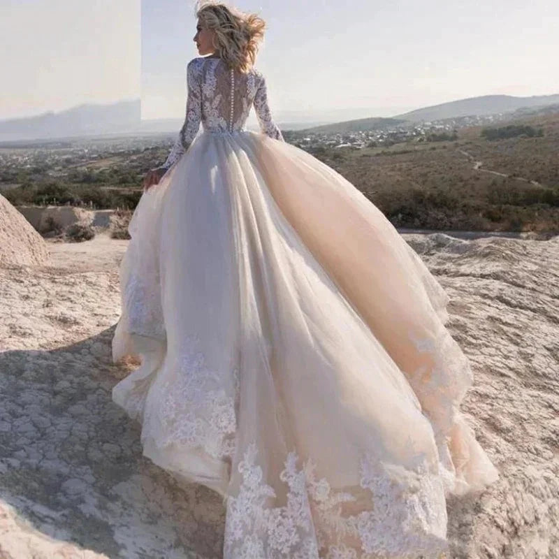 Elegent Travel Vestidos De Novia Appliques Vestido De Noiva Long Sleeves Wedding Dresses Lace Robe De Mariée by payinti