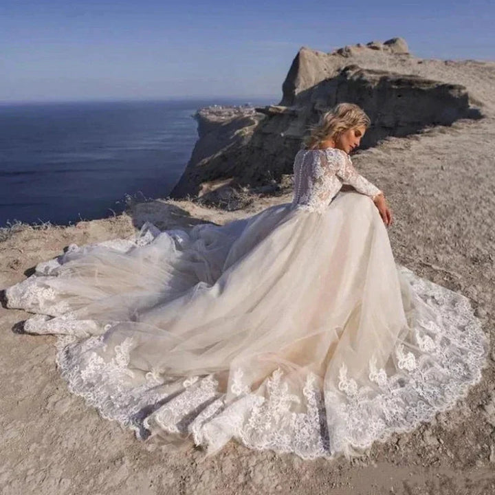 Elegent Travel Vestidos De Novia Appliques Vestido De Noiva Long Sleeves Wedding Dresses Lace Robe De Mariée by payinti