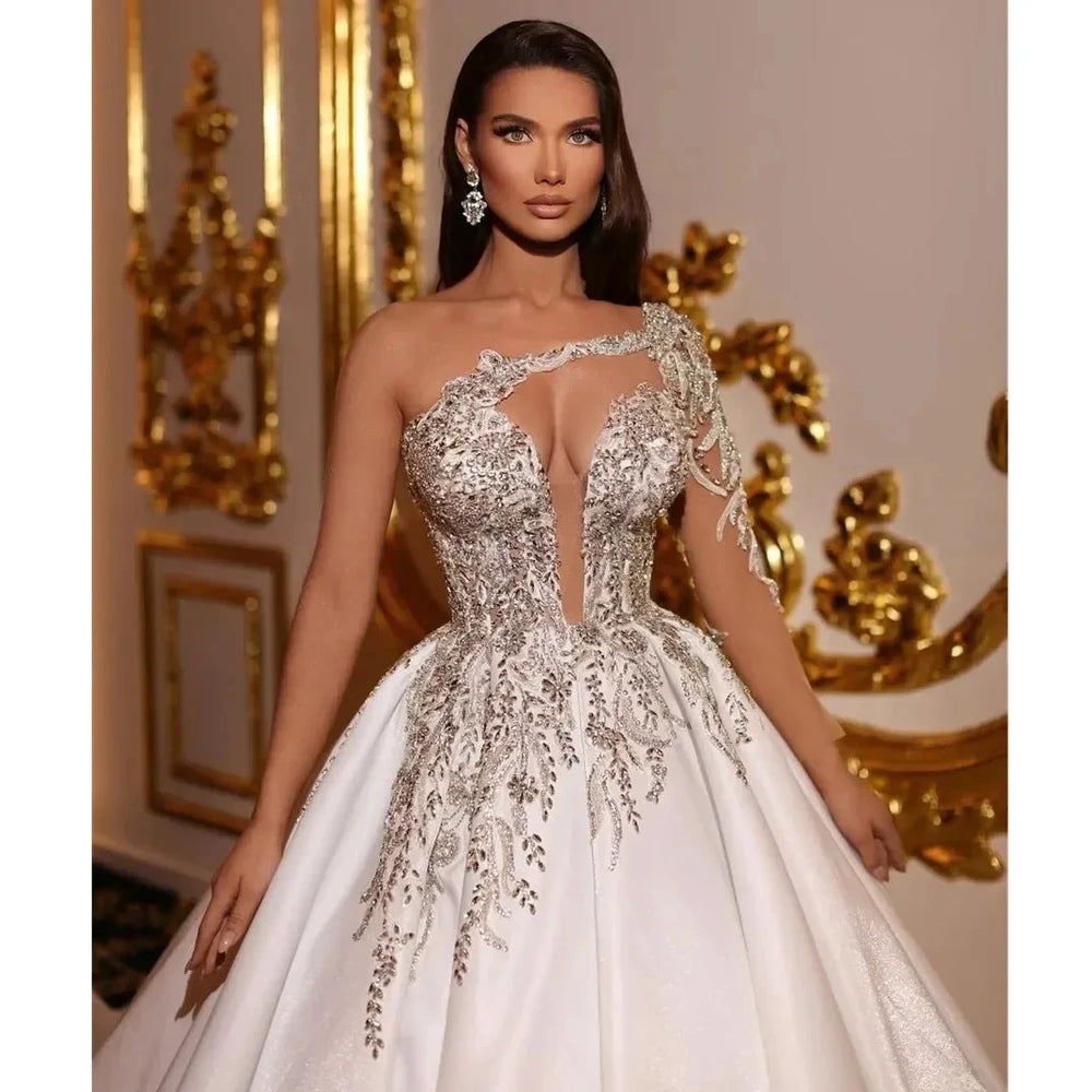 Exquisite Applique Wedding Dresses A Line Deep V Neck Ball Gowns Ruched Tulle Illusion Long Sleeve Formal Beach Party Vestidos by payinti